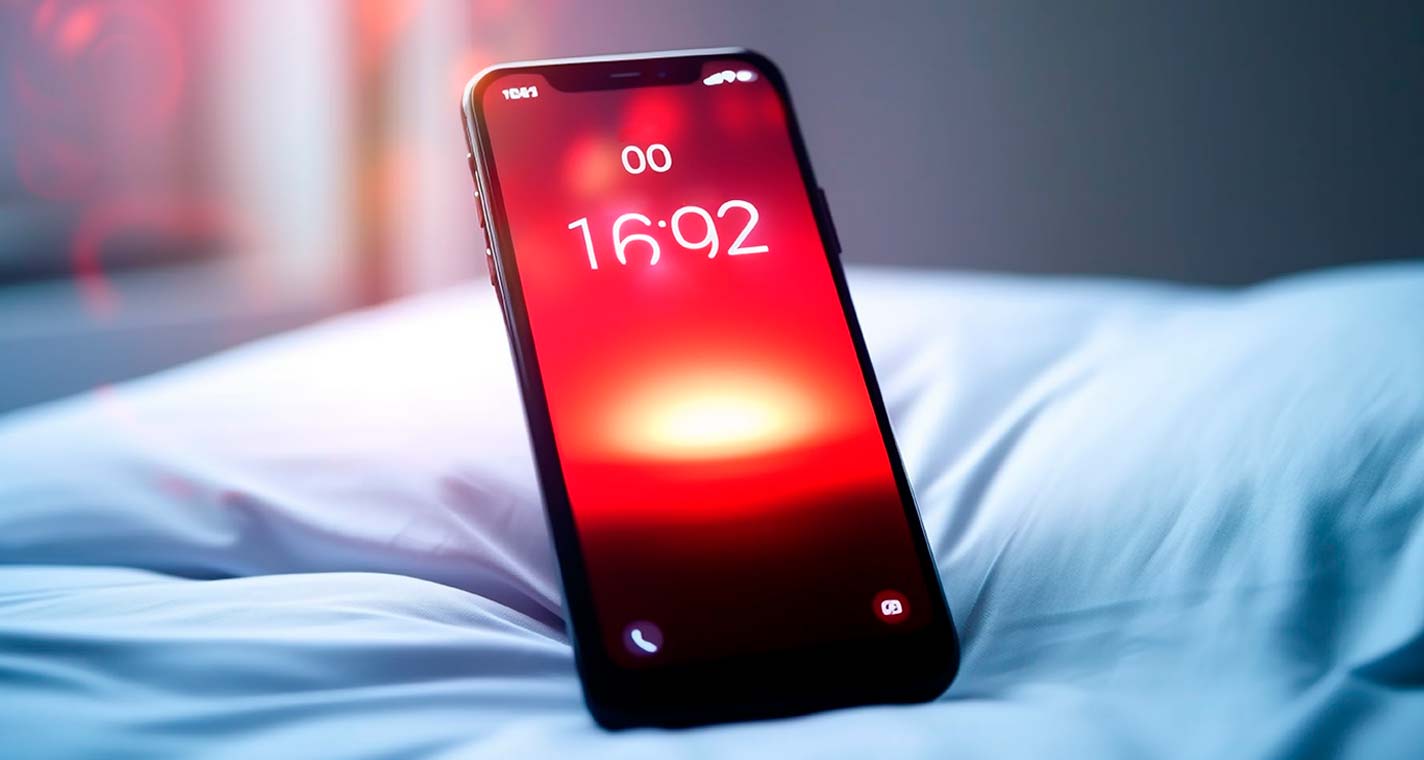 smartphone iluminado con fondo de pantalla rojo