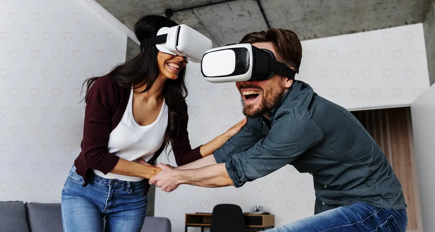 pareja jugando con realidad virtual en San Valentín